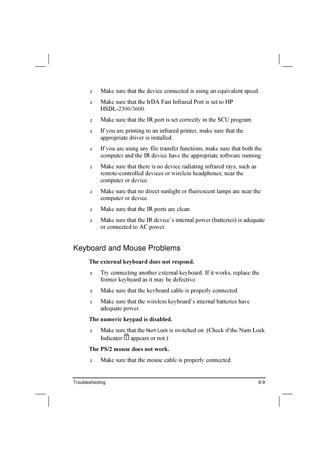 TAG 20 manual Keyboard and Mouse Problems, External keyboard does not respond, Numeric keypad is disabled 