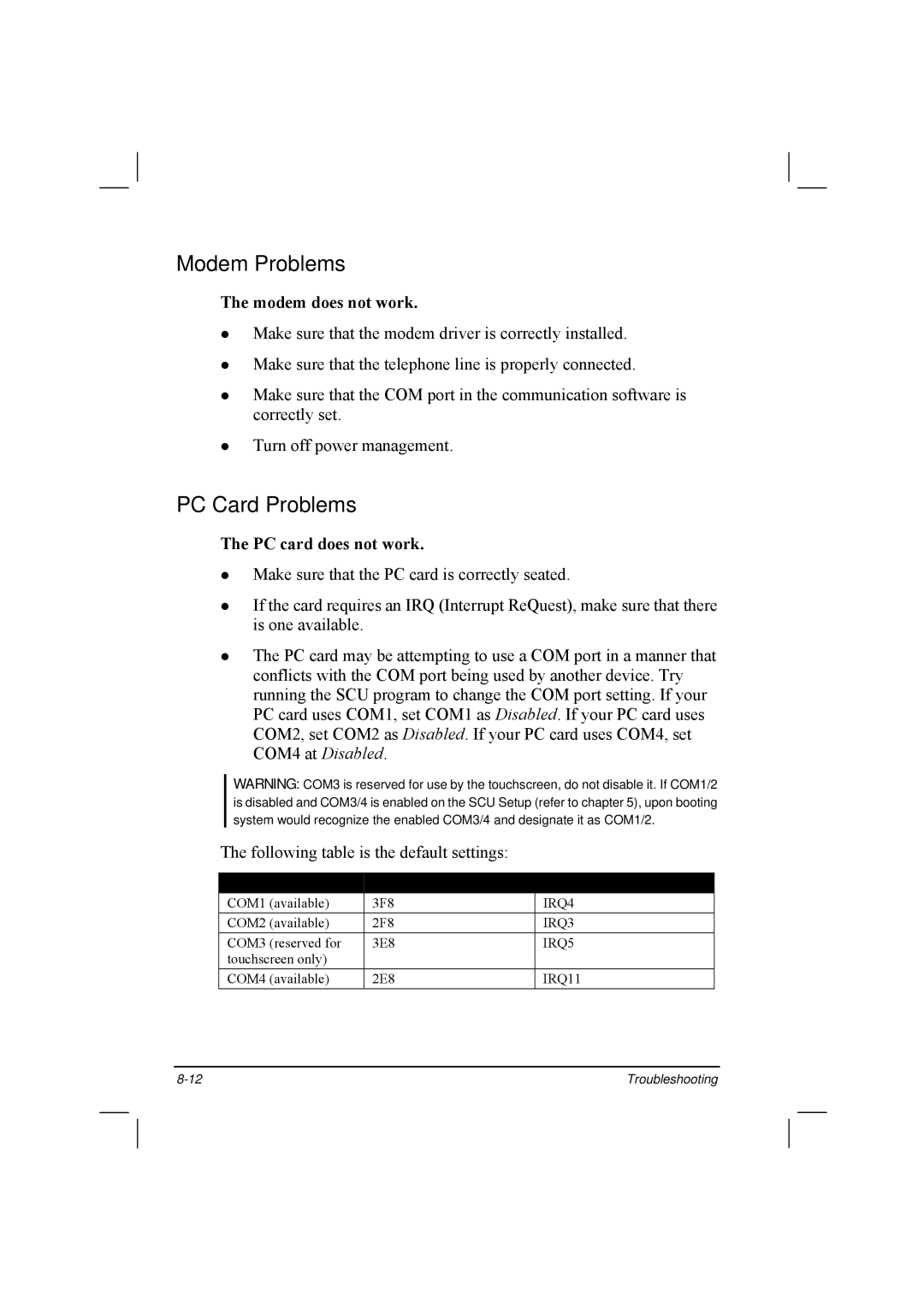 TAG 20 manual Modem Problems, PC Card Problems, Modem does not work, PC card does not work 