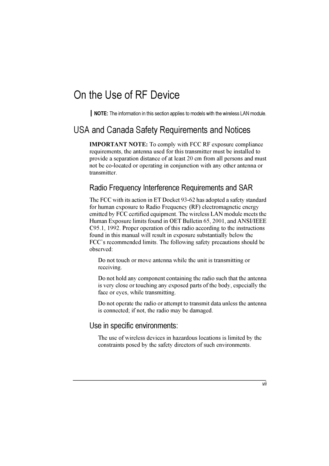 TAG 20 manual On the Use of RF Device, USA and Canada Safety Requirements and Notices, Use in specific environments 