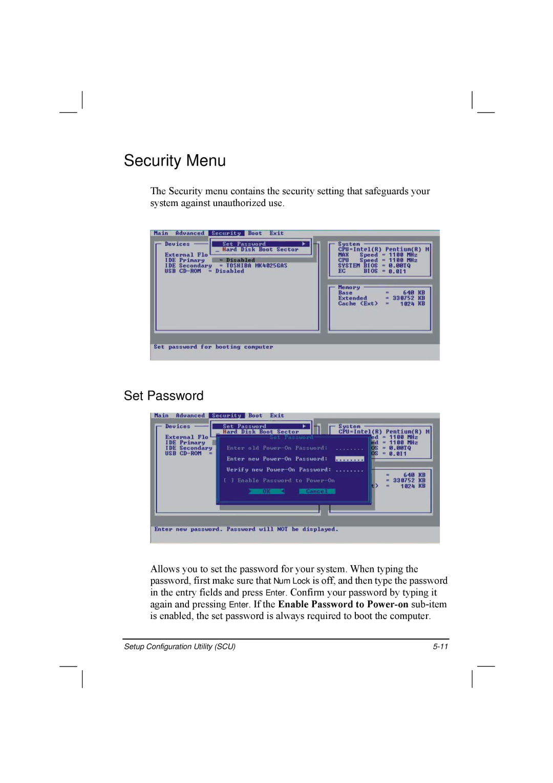 TAG 20 manual Security Menu, Set Password 