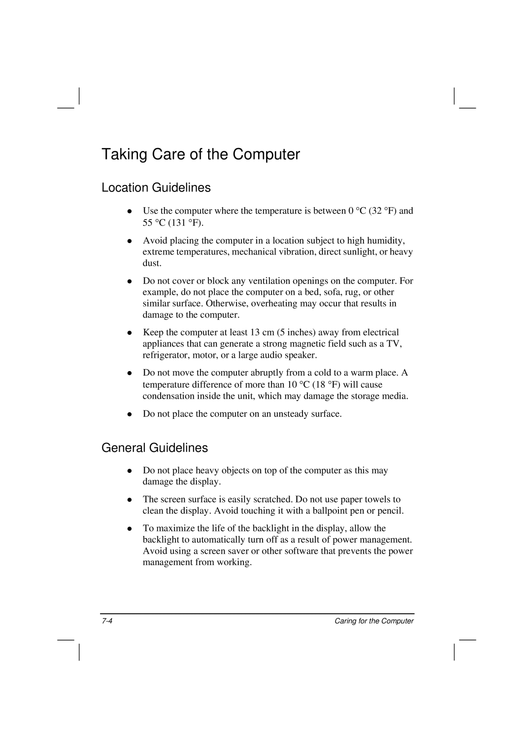 TAG 200 manual Taking Care of the Computer, Location Guidelines, General Guidelines 