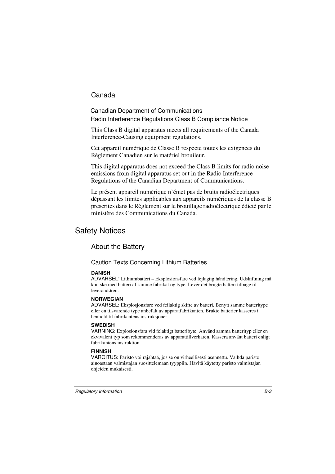 TAG 200 manual Safety Notices, Canada, About the Battery 