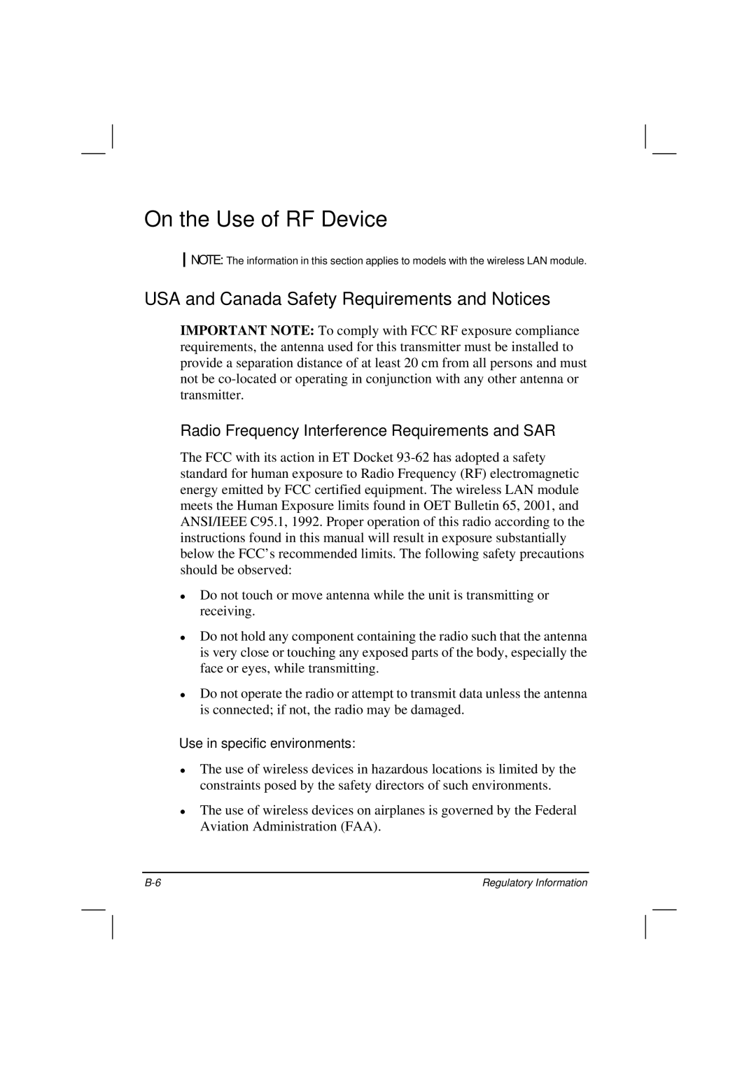 TAG 200 manual On the Use of RF Device, USA and Canada Safety Requirements and Notices 