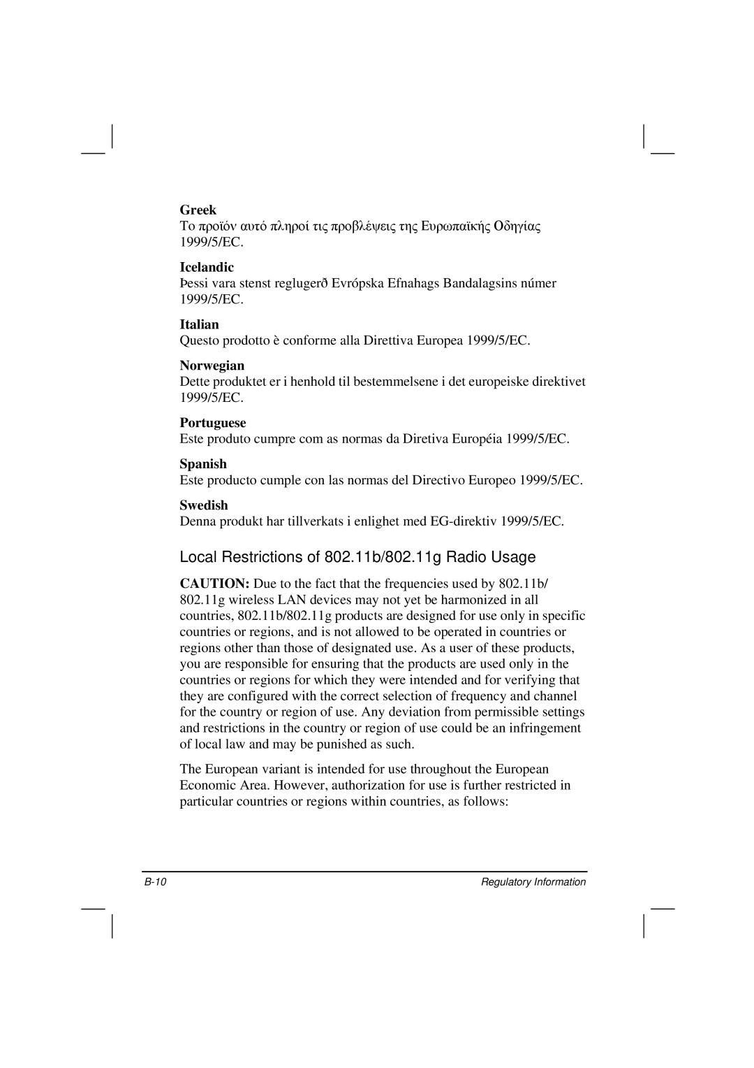 TAG 200 manual Local Restrictions of 802.11b/802.11g Radio Usage 