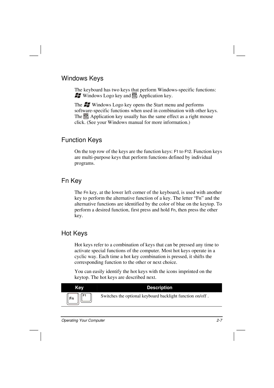 TAG 200 manual Windows Keys, Function Keys, Fn Key, Hot Keys 