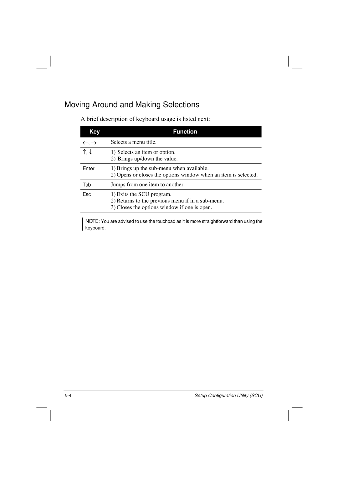 TAG 200 manual Moving Around and Making Selections, Brief description of keyboard usage is listed next 