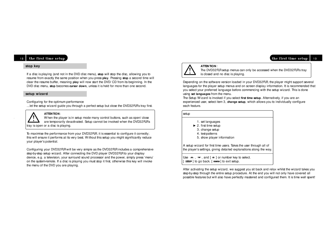 TAG DVD32FIR manual First time setup, Stop key, Setup wizard, Use, To go back To exit setup 