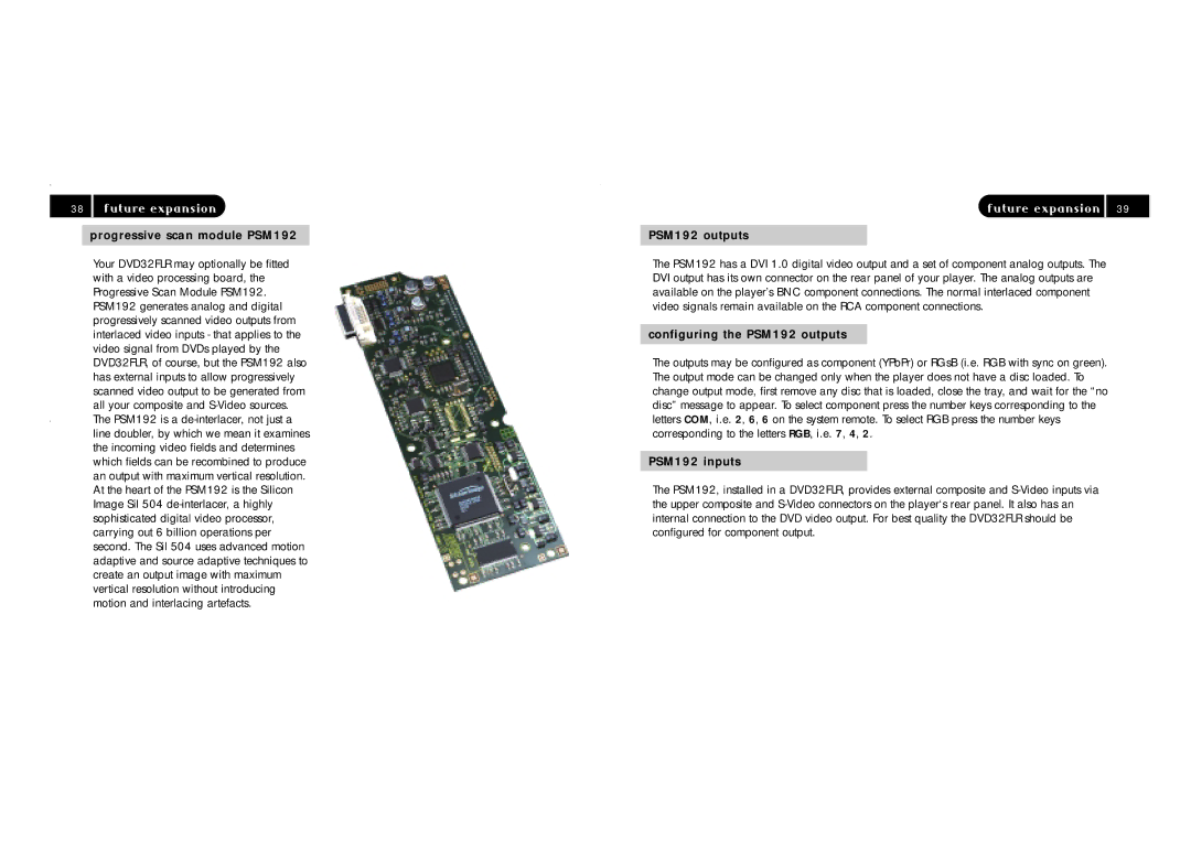 TAG DVD32FIR manual Progressive scan module PSM192, Future expansion39, Configuring the PSM192 outputs, PSM192 inputs 