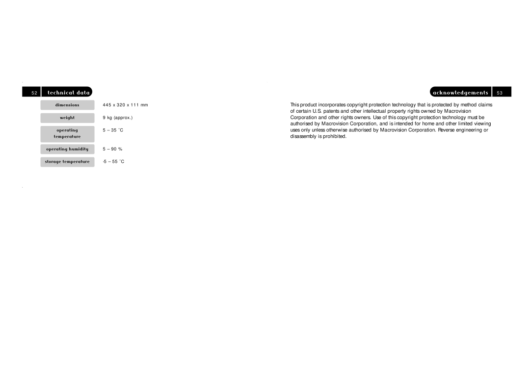 TAG DVD32FIR manual Technical data Acknowledgements, Disassembly is prohibited 