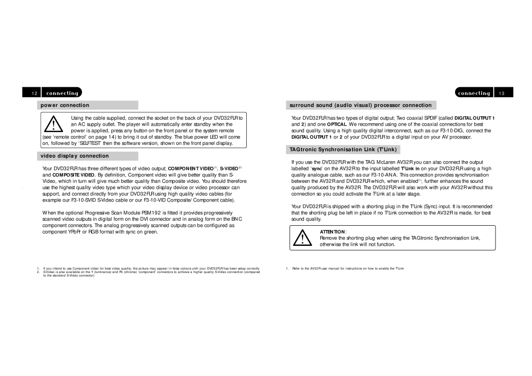 TAG DVD32FIR Connecting, Power connection, Video display connection, Surround sound audio visual processor connection 