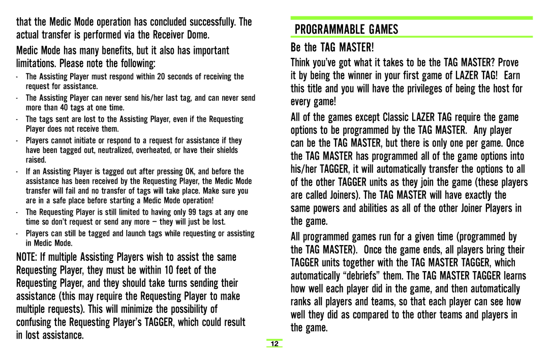 TAG Player System manual Programmable Games, Be the TAG Master 