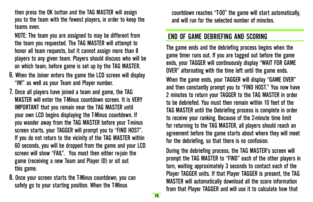 TAG Player System manual This game, END of Game Debriefing and Scoring 