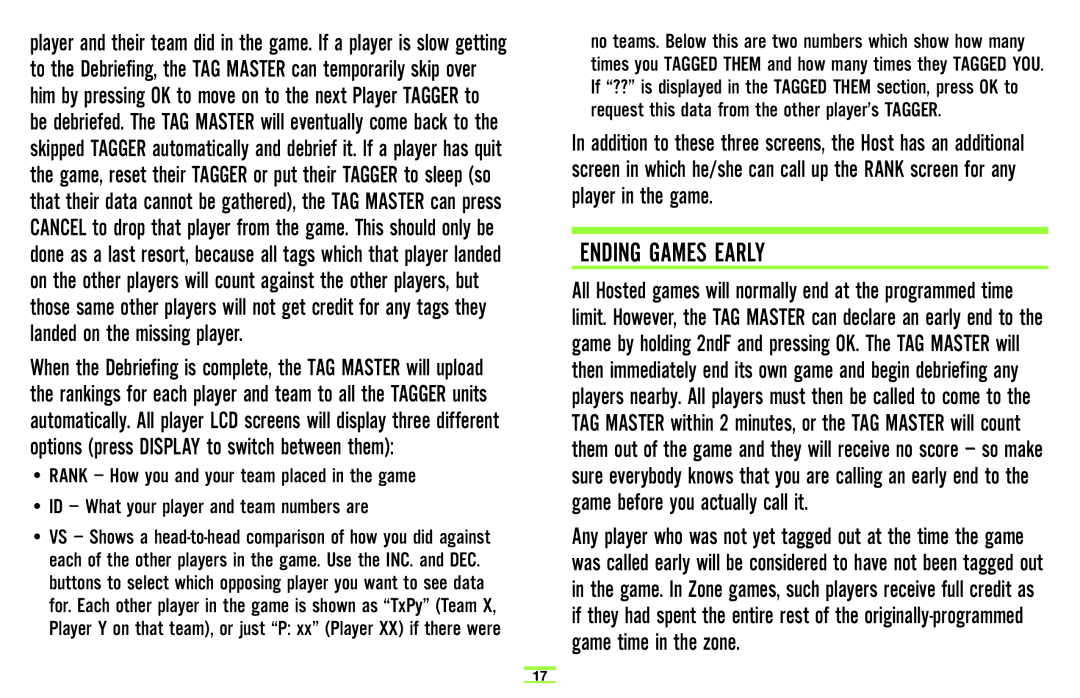 TAG Player System manual Ending Games Early 