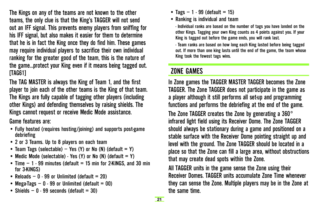 TAG Player System manual Zone Games 