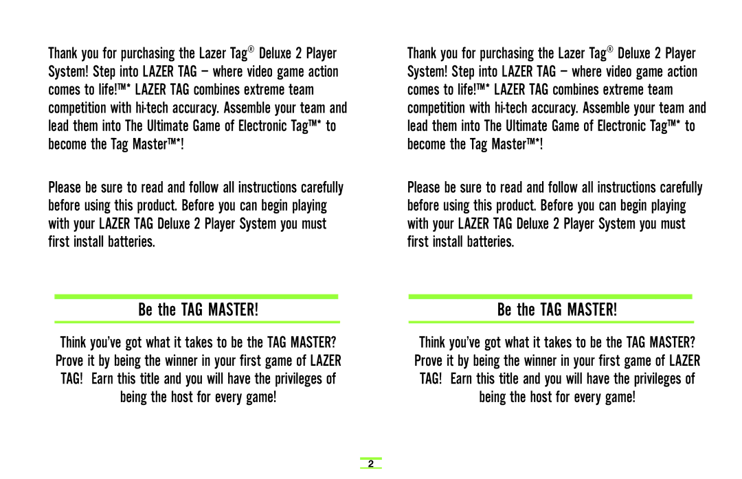 TAG Player System manual Be the TAG Master 