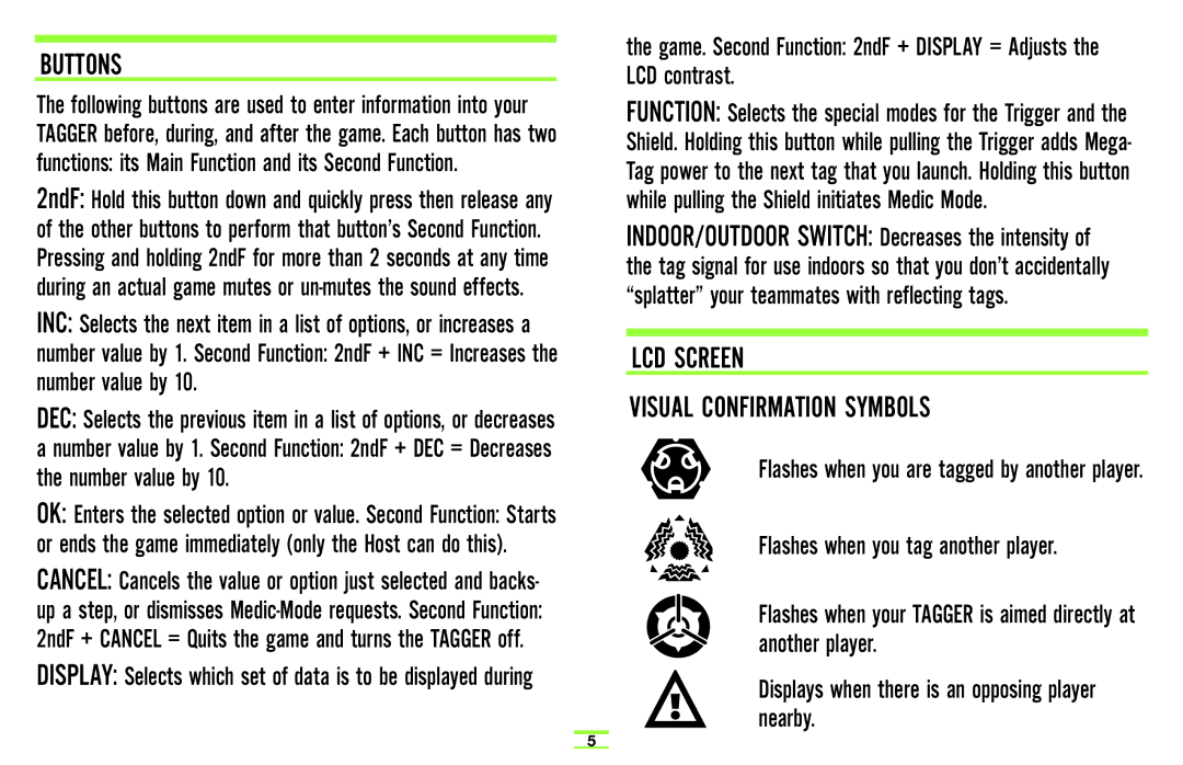 TAG Player System manual Buttons, LCD Screen Visual Confirmation Symbols, Displays when there is an opposing player nearby 