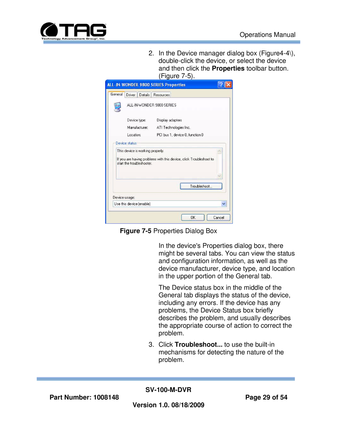 TAG SV-100-M-DVR manual Part Number Version 1.0 /18/2009 