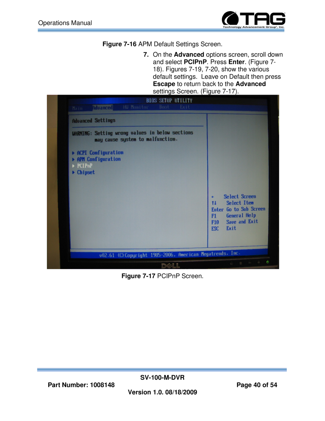 TAG SV-100-M-DVR manual 17PCIPnP Screen 