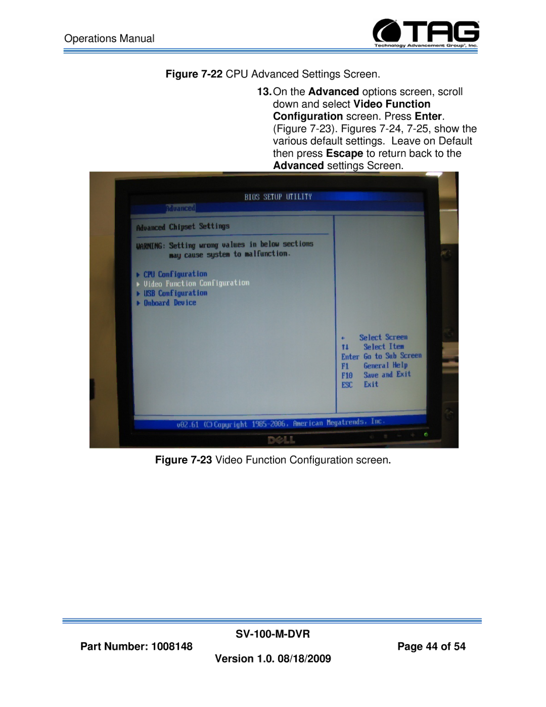 TAG SV-100-M-DVR manual 23Video Function Configuration screen 