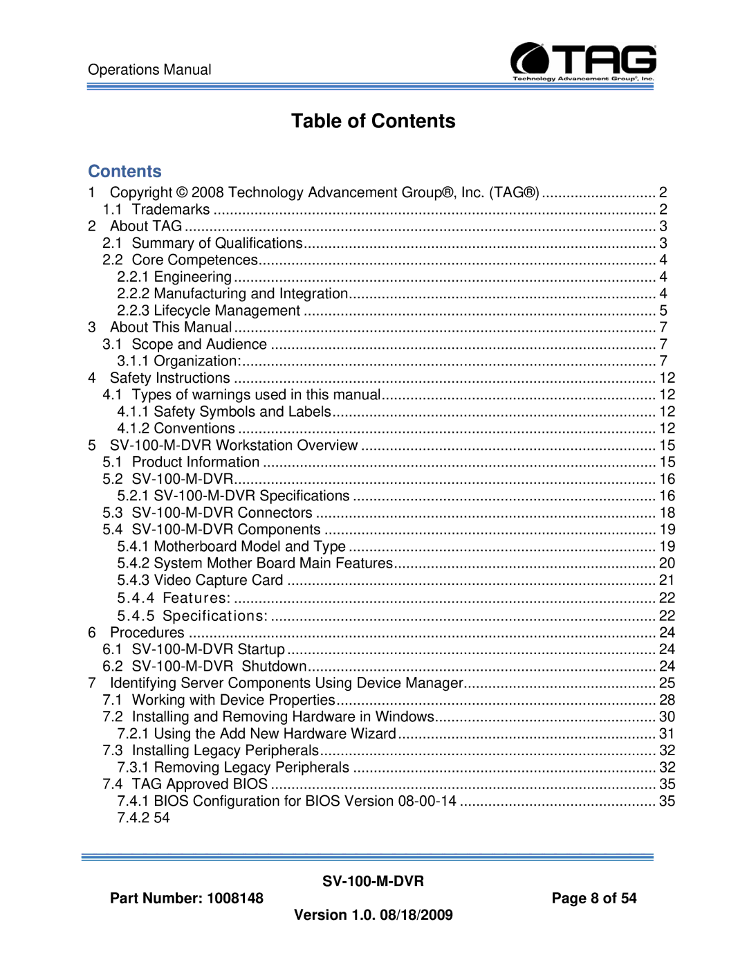 TAG SV-100-M-DVR manual Table of Contents 