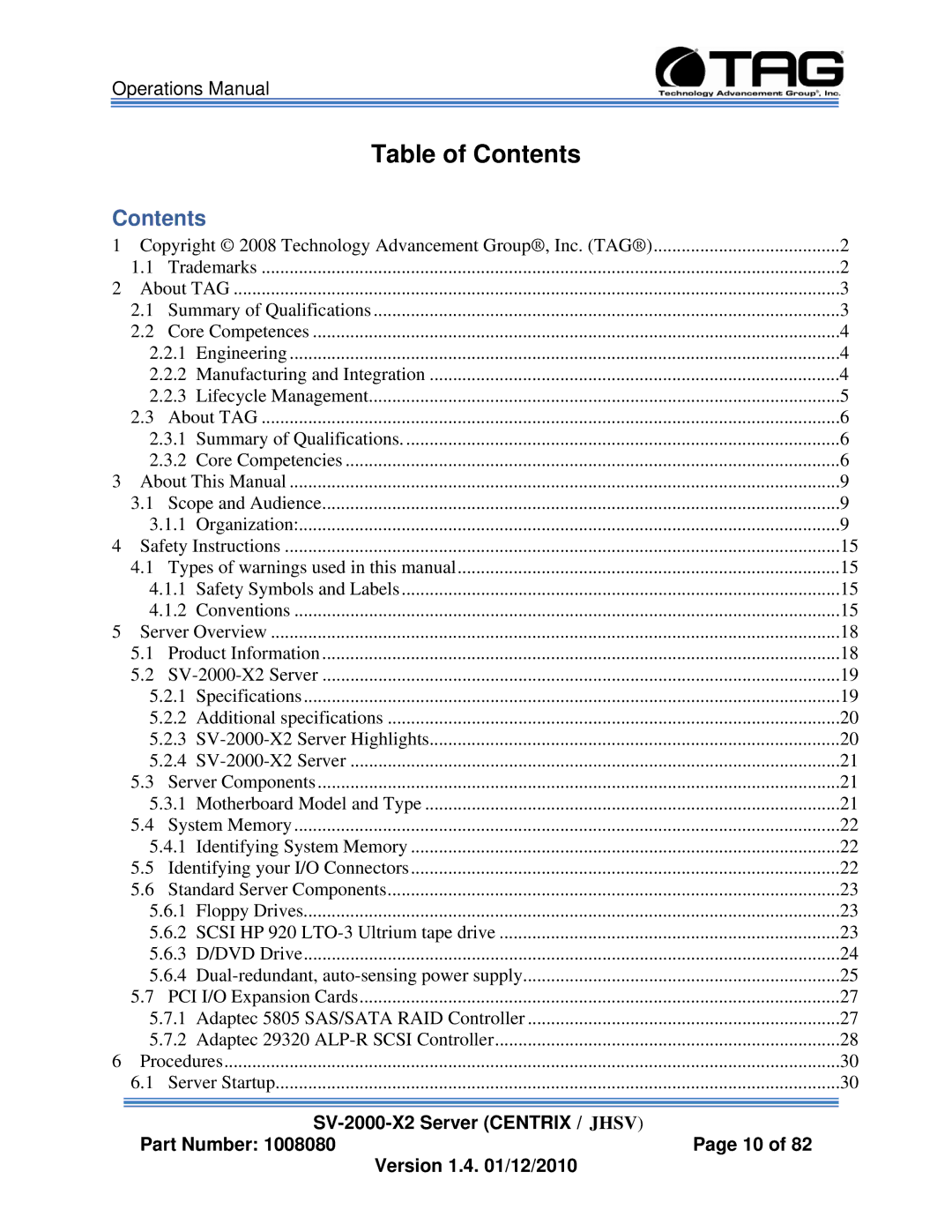 TAG SV-2000-X2 manual Table of Contents 