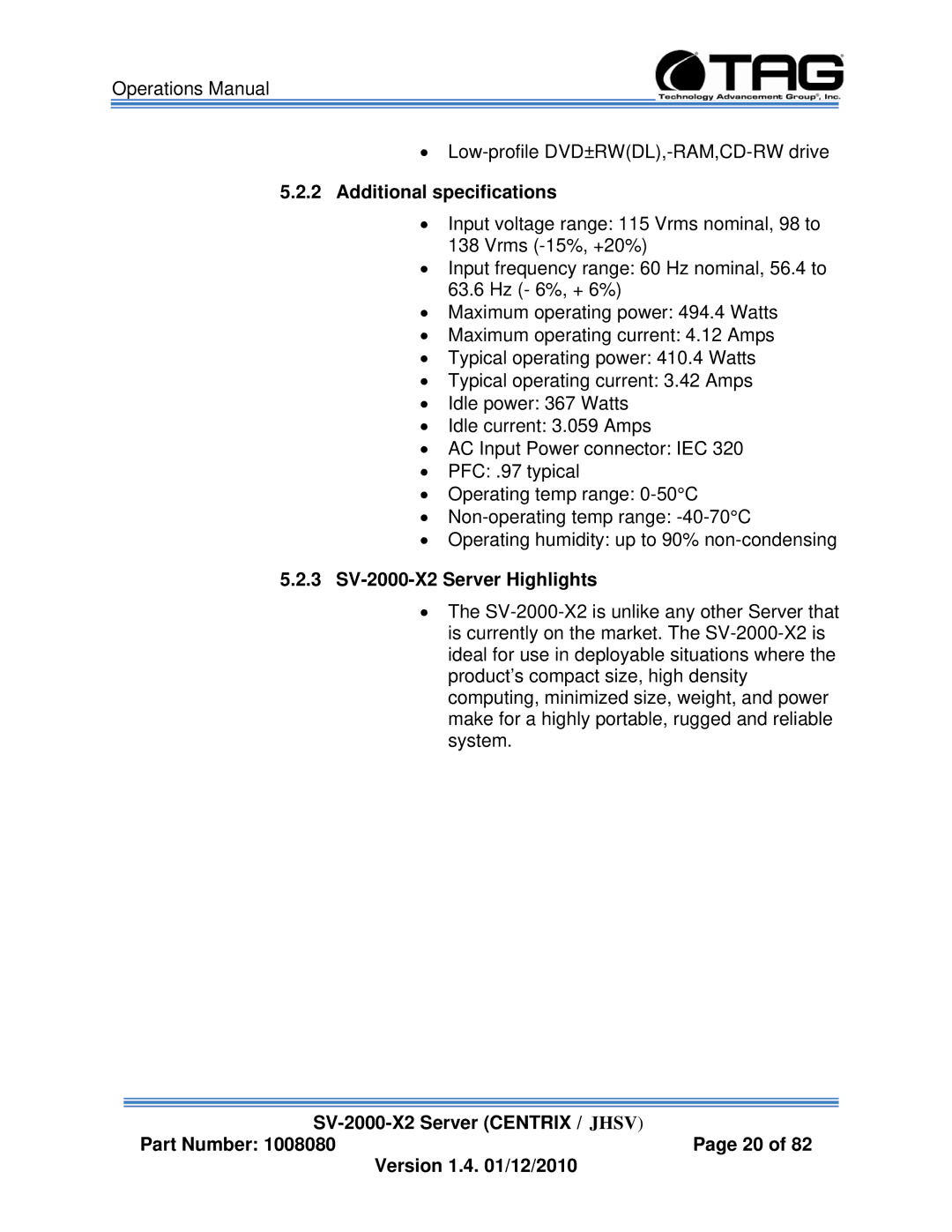 TAG manual Additional specifications, 3 SV-2000-X2 Server Highlights 