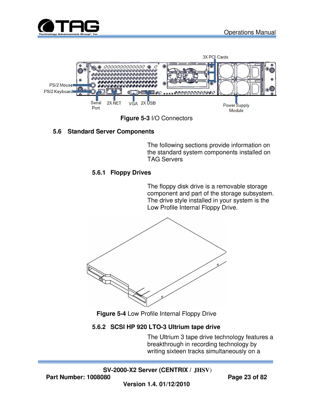 TAG SV-2000-X2 manual Standard Server Components, Floppy Drives, Scsi HP 920 LTO-3 Ultrium tape drive 