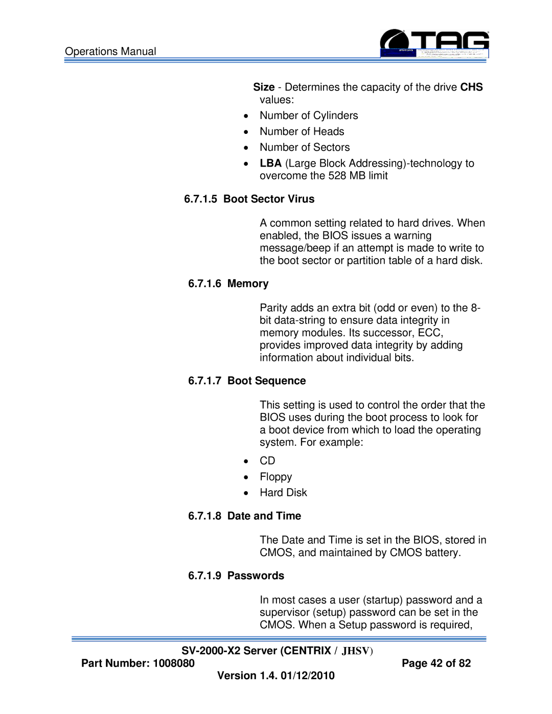 TAG SV-2000-X2 manual Boot Sector Virus, Memory, Boot Sequence, Date and Time, Passwords 