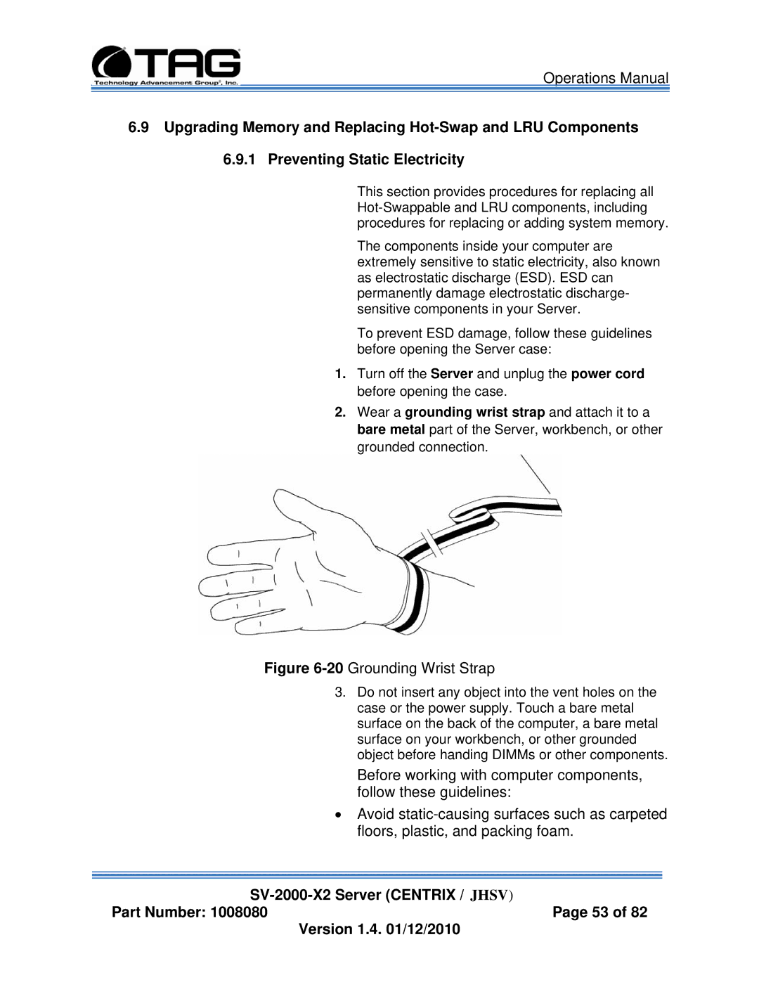 TAG SV-2000-X2 manual 20Grounding Wrist Strap 