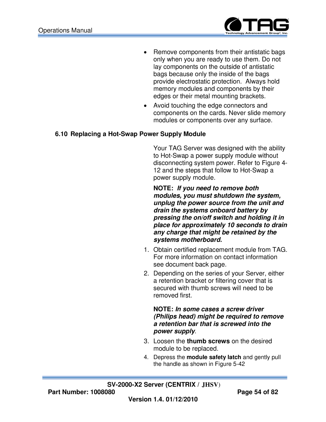 TAG SV-2000-X2 manual Replacing a Hot-Swap Power Supply Module 