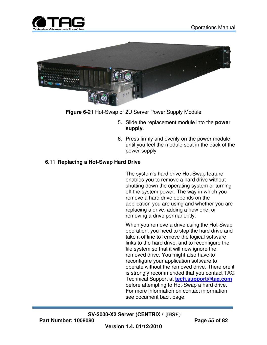 TAG SV-2000-X2 manual Replacing a Hot-Swap Hard Drive 