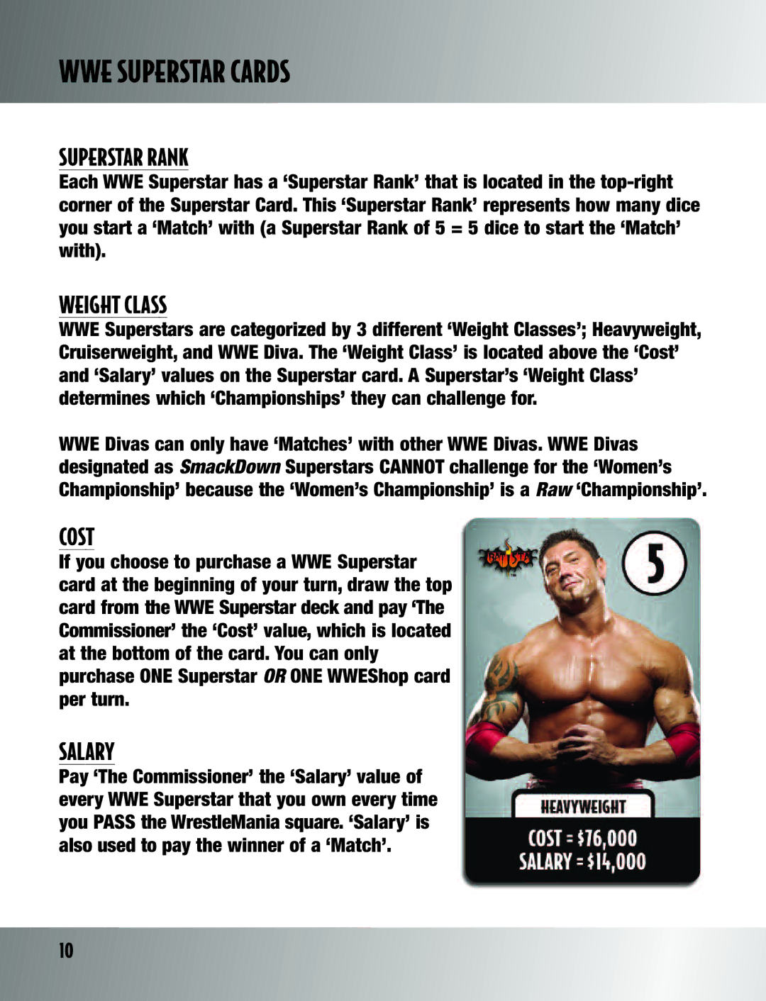 TAG Wrestling DVD Board Game manual WWE Superstar Cards, Superstar Rank, Weight Class, Cost, Salary 