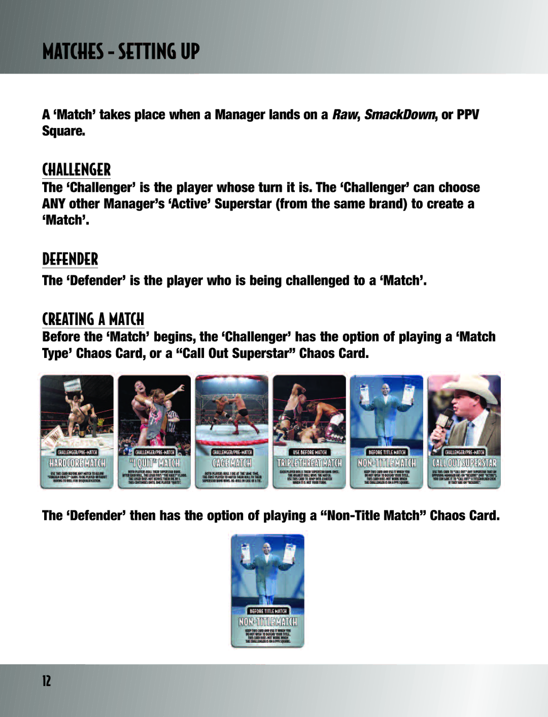 TAG Wrestling DVD Board Game manual Matches Setting UP, Challenger, Defender, Creating a Match 