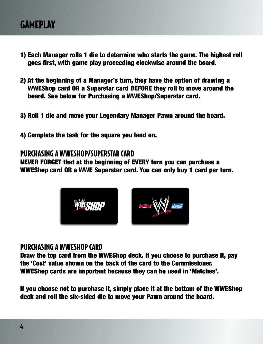 TAG Wrestling DVD Board Game manual Gameplay, Purchasing a WWESHOP/SUPERSTAR Card, Purchasing a Wweshop Card 