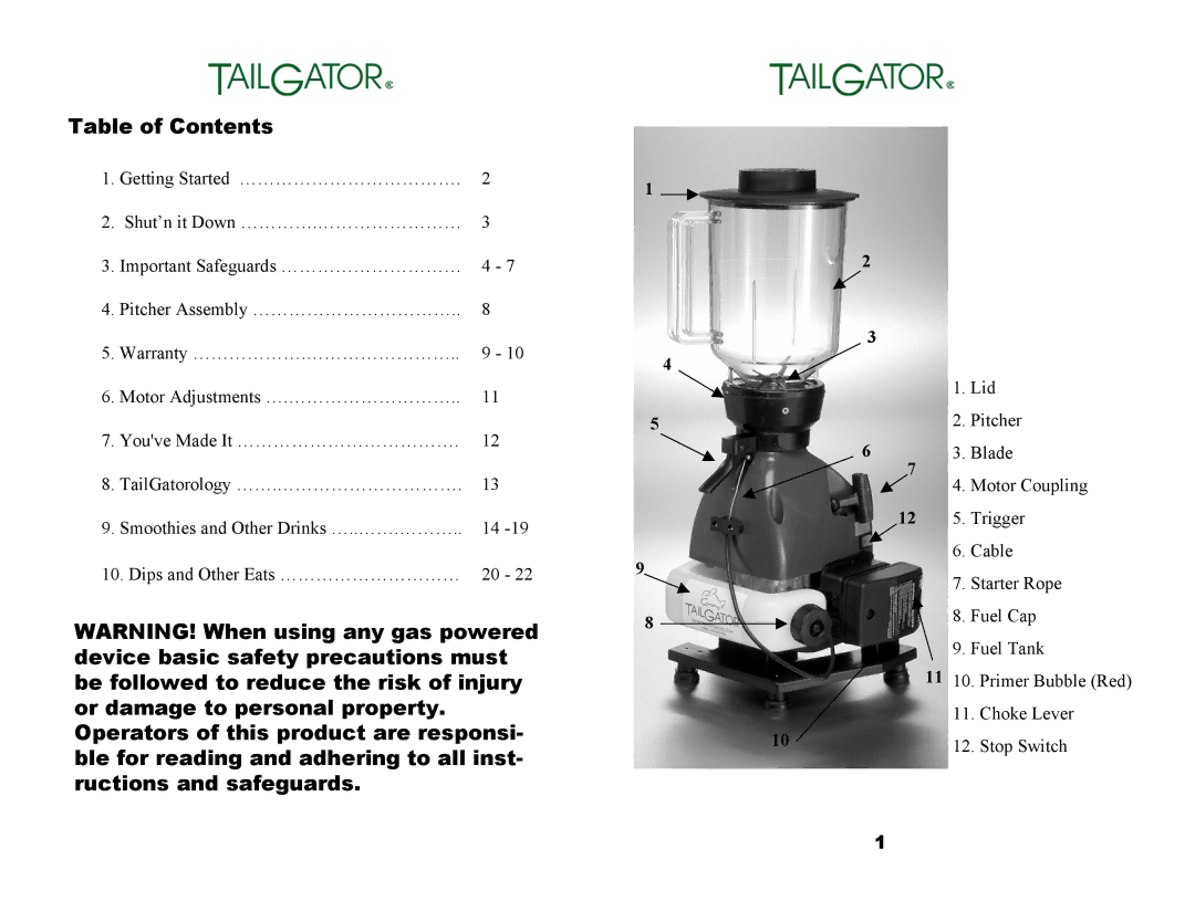 Tailgator The Original Portable Gas Powered Blender manual Table of Contents 