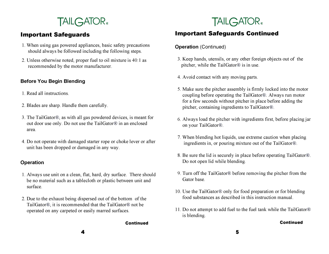 Tailgator The Original Portable Gas Powered Blender manual Important Safeguards, Before You Begin Blending, Operation 