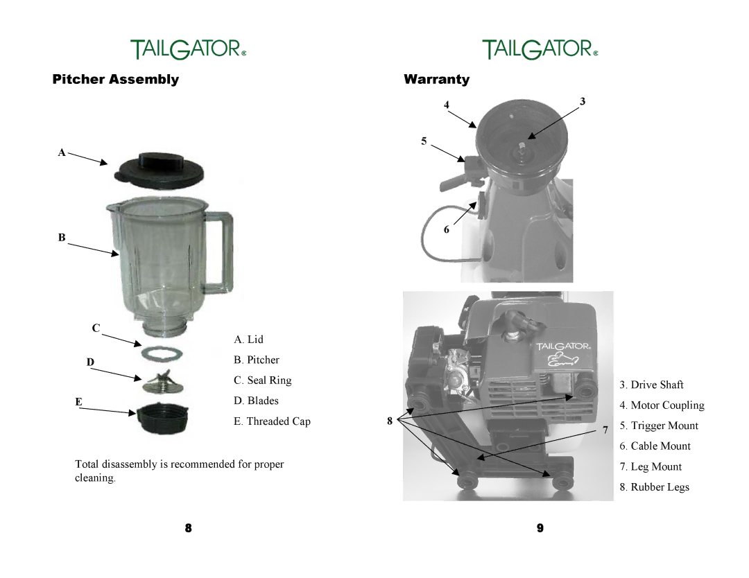 Tailgator The Original Portable Gas Powered Blender manual Pitcher Assembly, Warranty 