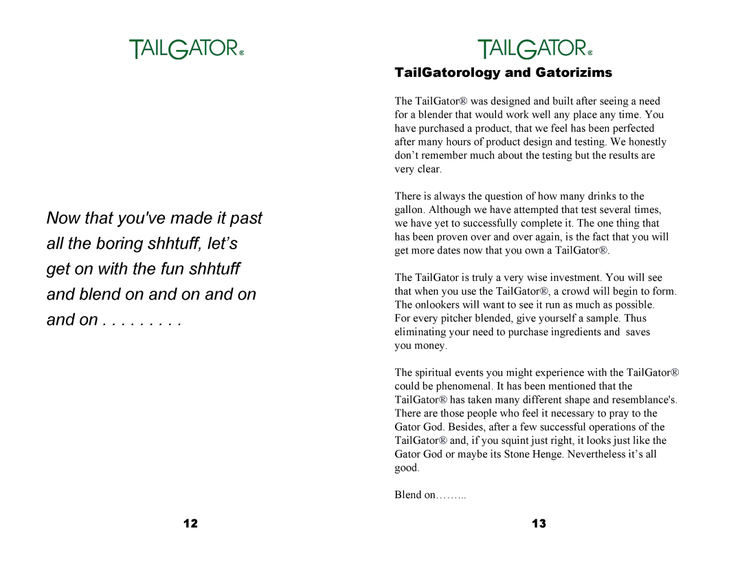 Tailgator The Original Portable Gas Powered Blender manual TailGatorology and Gatorizims 