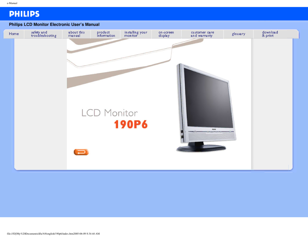 Taiwan Electrical & Electronic Manufacturers 190p6 user manual Philips LCD Monitor Electronic User’s Manual 