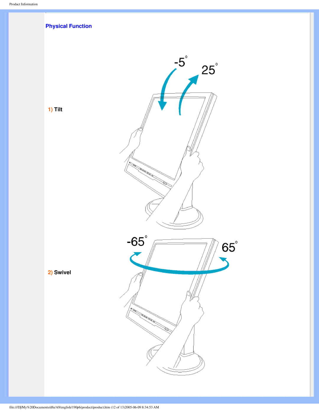 Taiwan Electrical & Electronic Manufacturers 190p6 user manual Physical Function, Tilt Swivel 