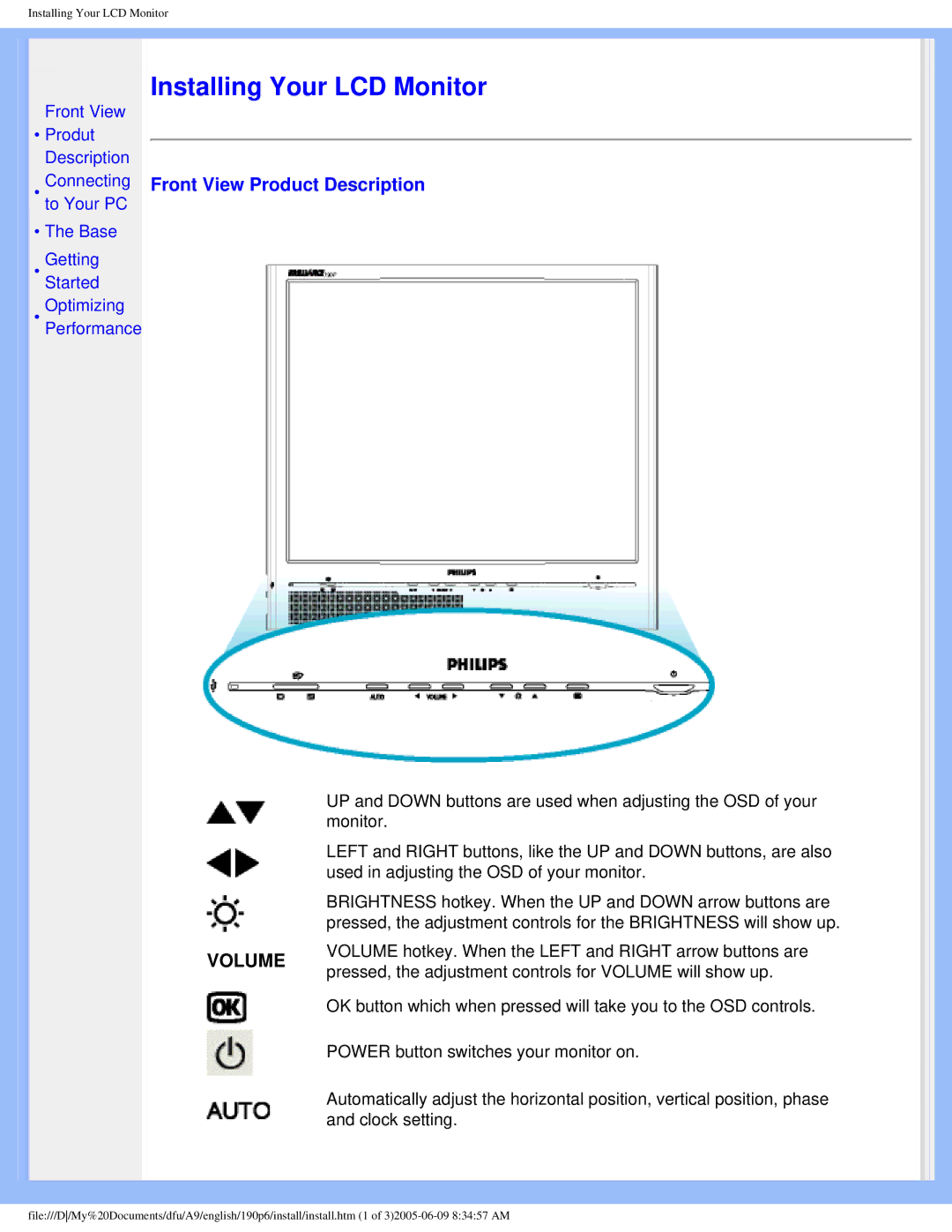 Taiwan Electrical & Electronic Manufacturers 190p6 user manual Installing Your LCD Monitor, Front View Product Description 