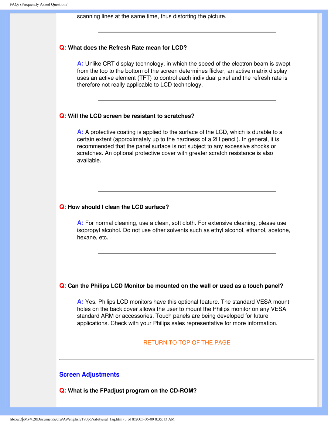 Taiwan Electrical & Electronic Manufacturers 190p6 user manual Screen Adjustments, What does the Refresh Rate mean for LCD? 