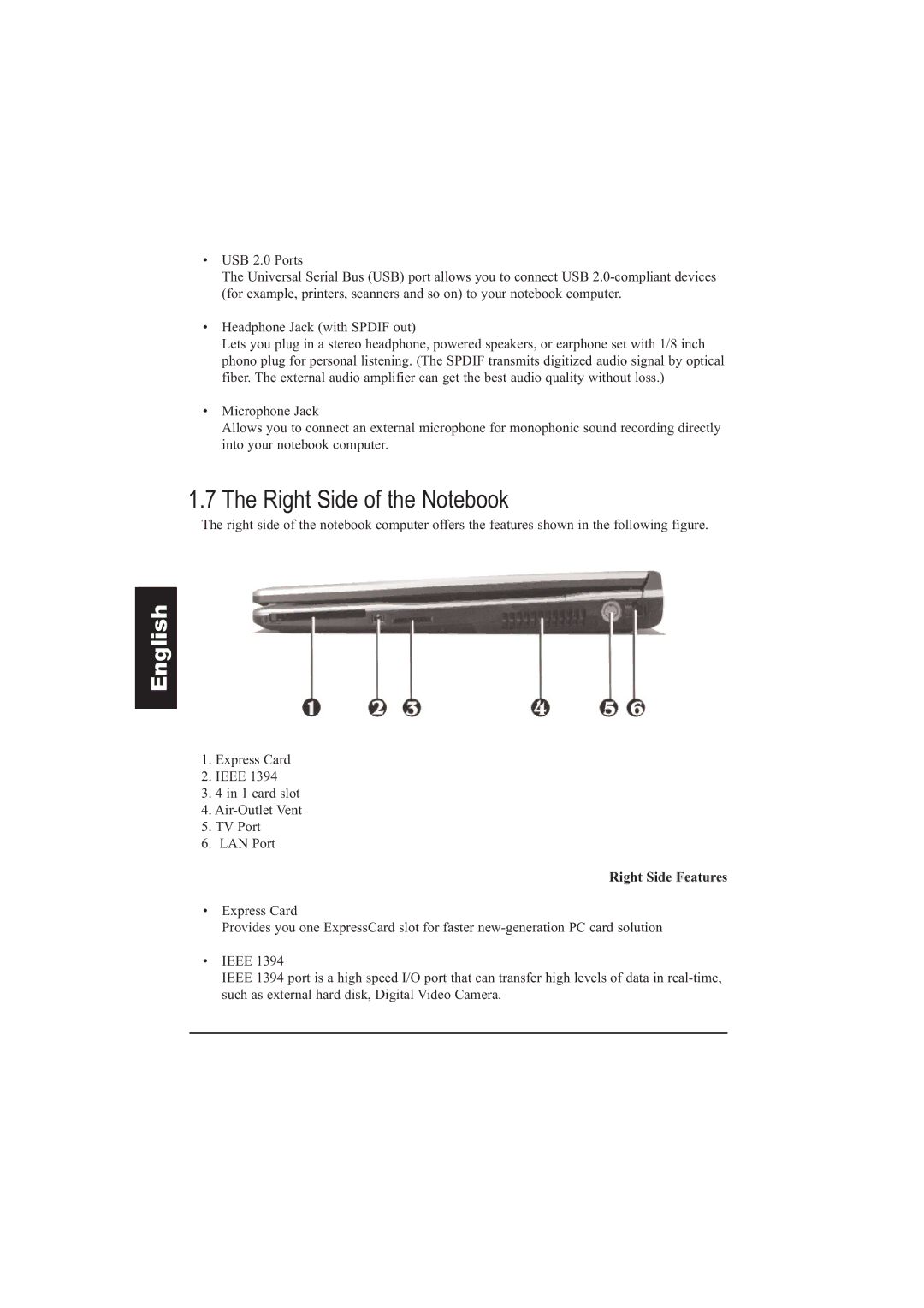 Taiwan Electrical & Electronic Manufacturers N930R manual Right Side of the Notebook, Right Side Features 