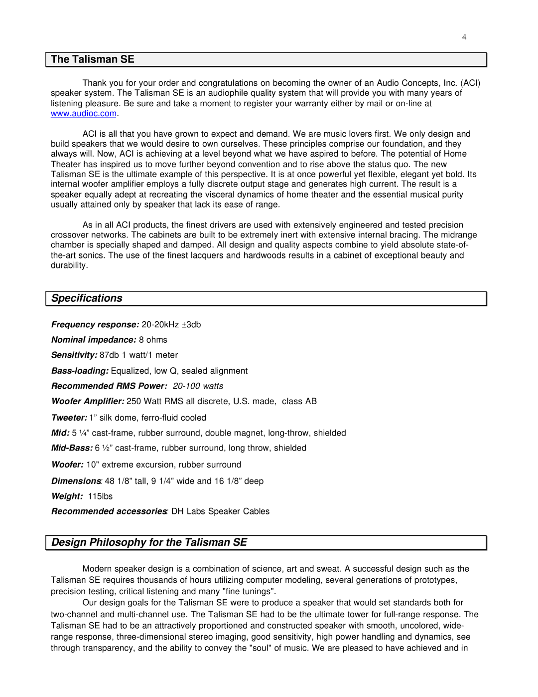 Talisman Designs SE Reference Tower owner manual Specifications, Design Philosophy for the Talisman SE 