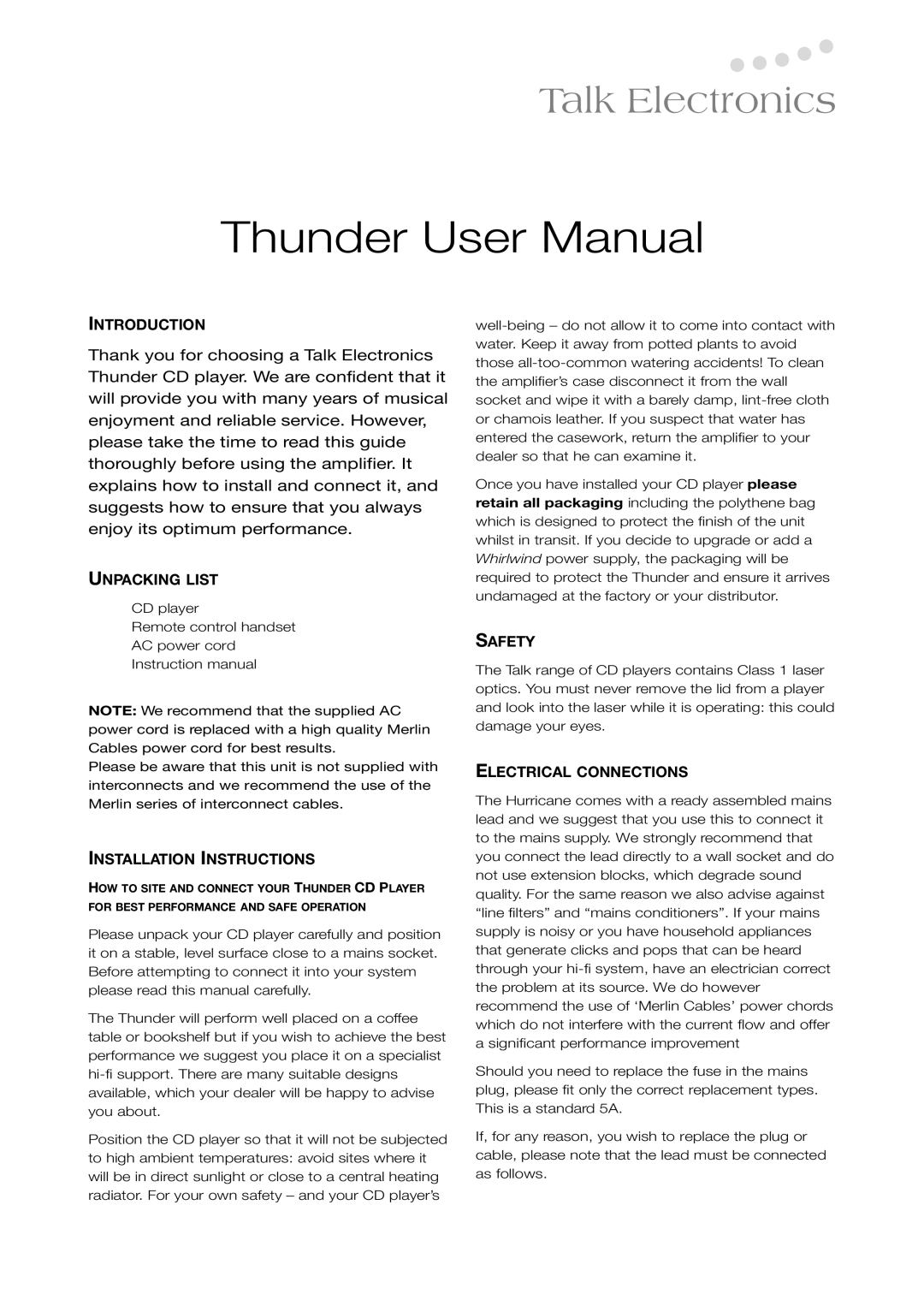 Talk electronic 2.2, Thunder 1.2 Introduction, Unpacking List, Installation Instructions, Safety, Electrical Connections 