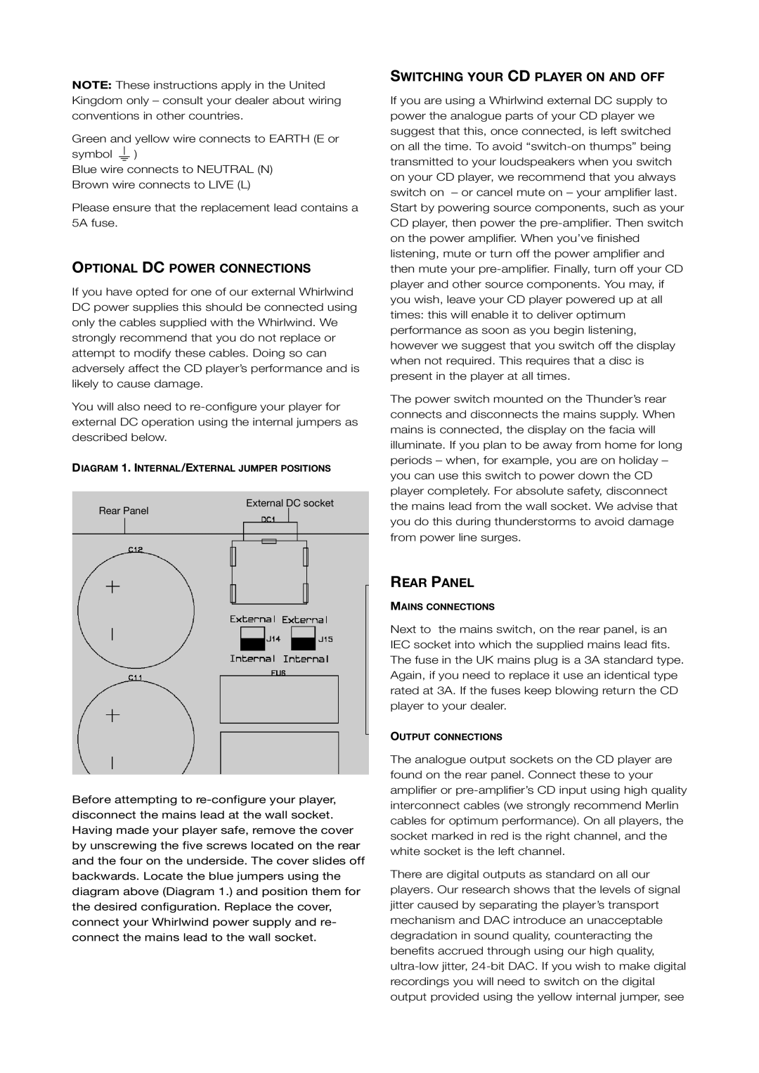 Talk electronic Thunder 1.2, 2.2 user manual Optional DC Power Connections, Switching Your CD Player on and OFF, Rear Panel 