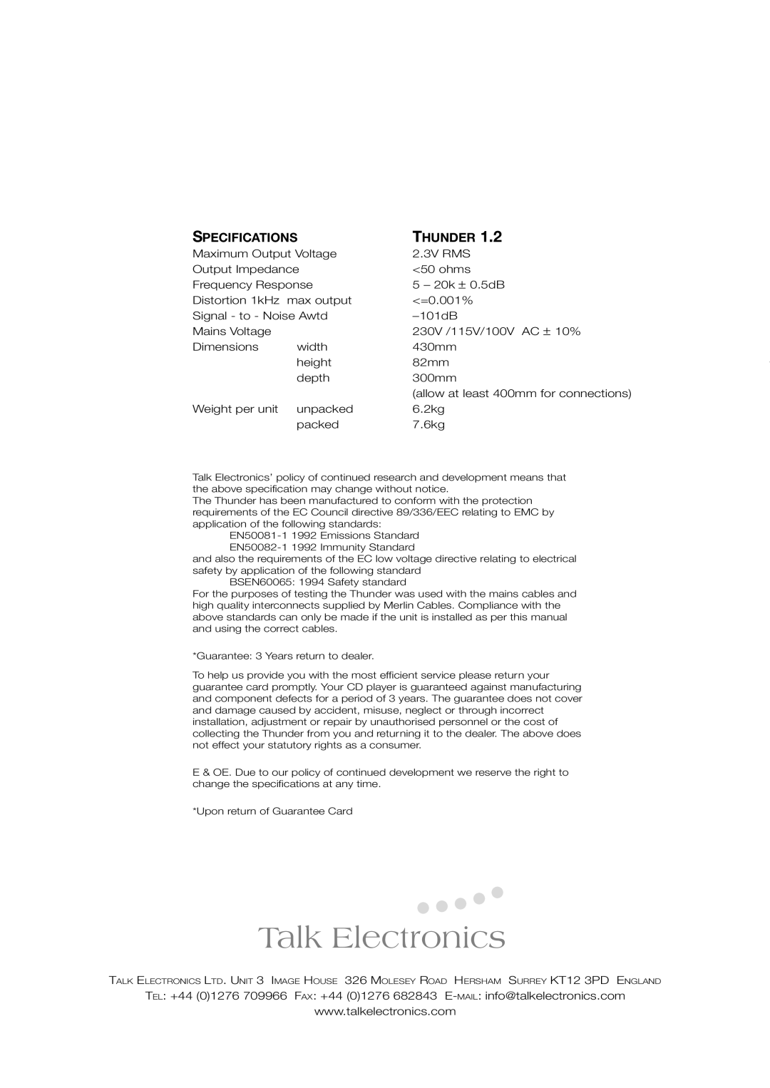 Talk electronic 2.2, Thunder 1.2 user manual Specifications Thunder 