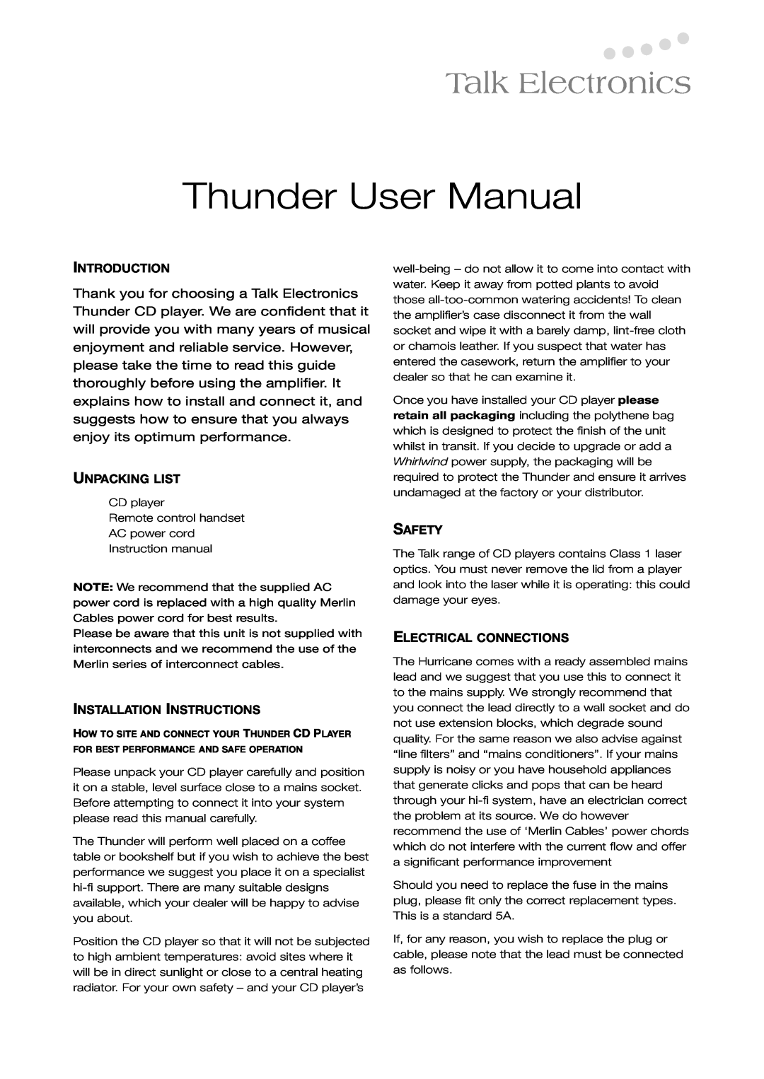 Talk electronic 2.2, Thunder 1.2 Introduction, Unpacking List, Installation Instructions, Safety, Electrical Connections 