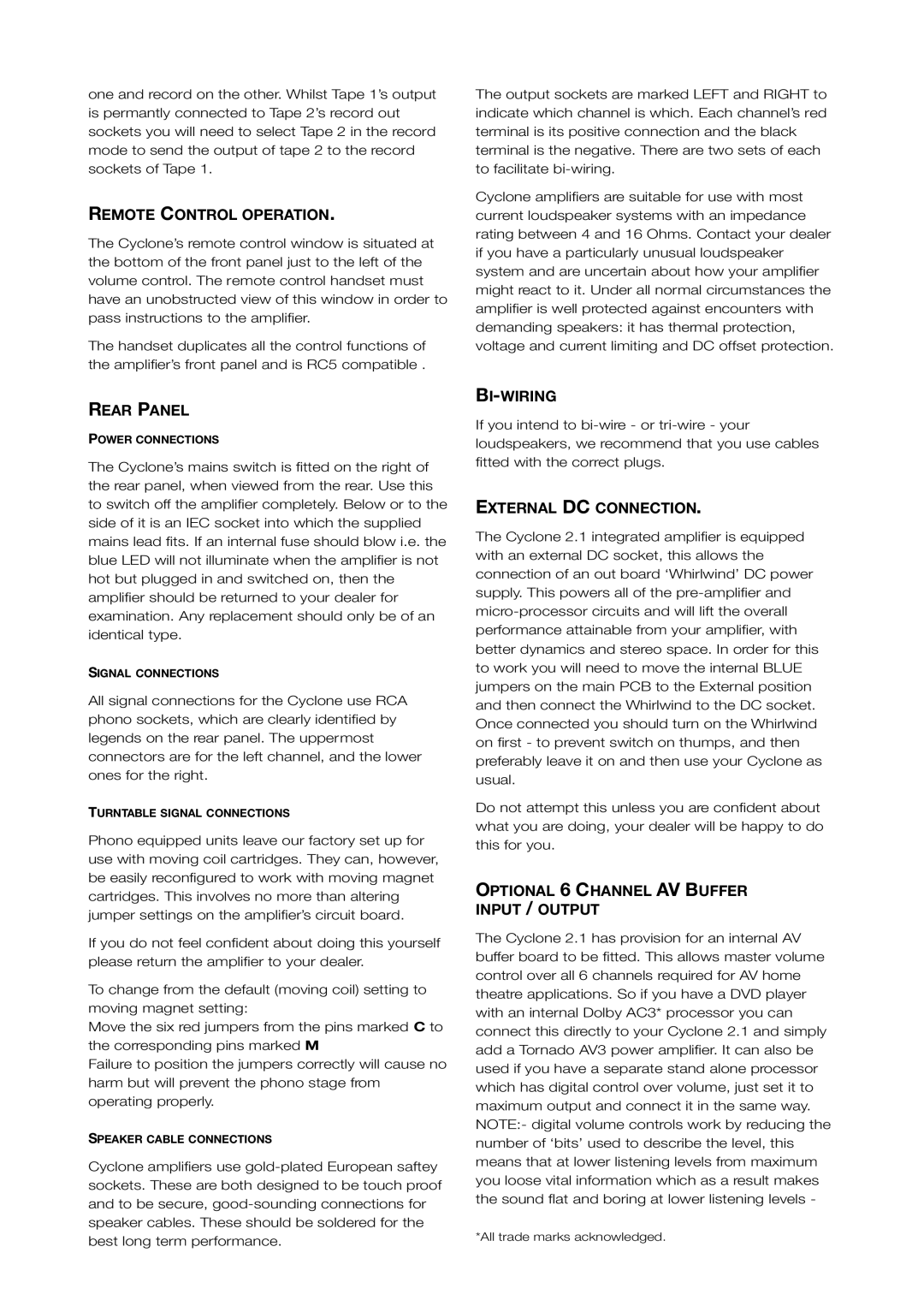 Talk electronic Cyclone user manual Remote Control Operation, Rear Panel, Bi-Wiring, External DC Connection 