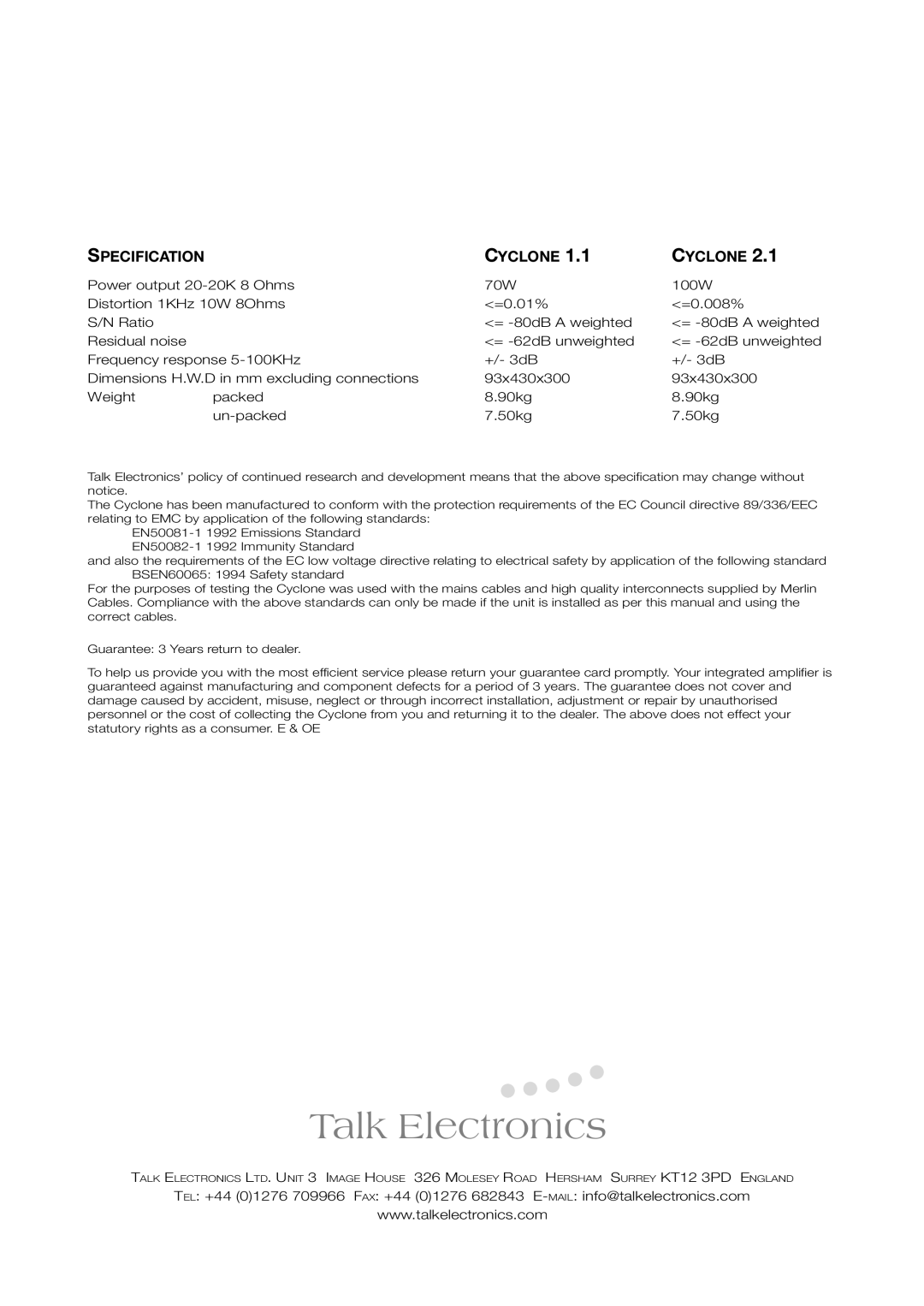 Talk electronic user manual Specification Cyclone 